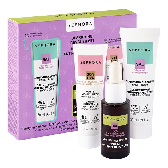 Clarifying Rescuer Set - Mini gel curatare + mini serum + mini crema hidratanta, Sephora Collection